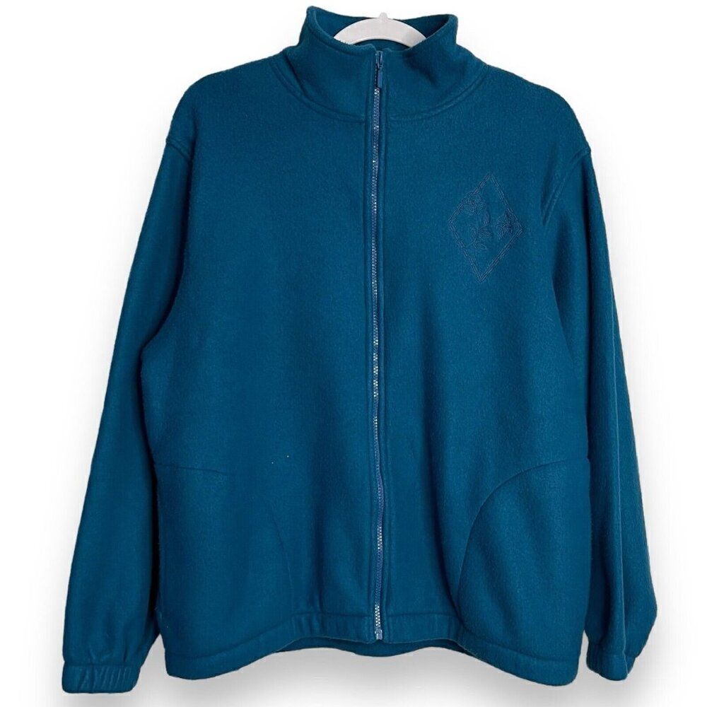 Alfred Dunner Fleece Zip Front Jacket Women's Small Green Blue Embroidered Retro